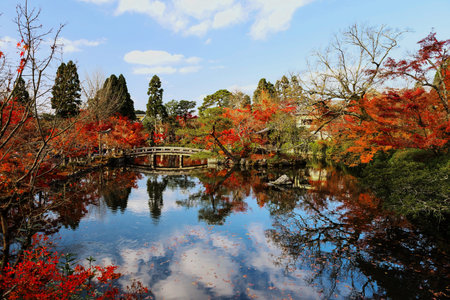 Pond and bridge of Eikando or Eikan-do garden in fall, Kyotoのeditorial素材