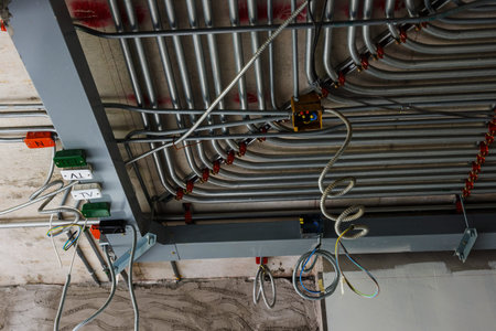 Electrical distribution system installation on ceiling at construction site
