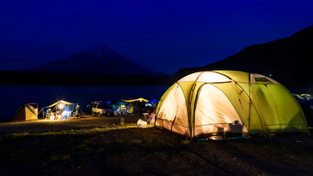 Camping at Lake Shoji with mt. fuji view at night, Yamanashi Prefecture, Japan