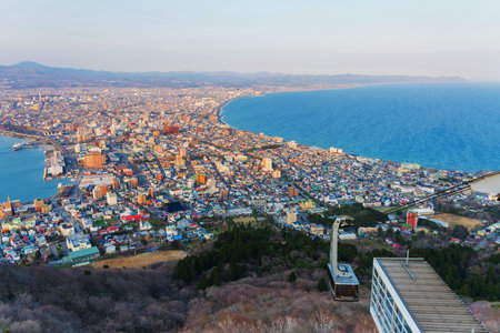 Cable car of Mt. Hakodate ropeway with skyline view, Hokkaido, Japanのeditorial素材