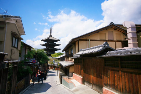 KYOTO, JAPAN -APRIL 18, 2011: Unidentified visitors at Sannen Zaka or ancient preserved Street with Yasaka Pagoda view located at GIon  district.のeditorial素材