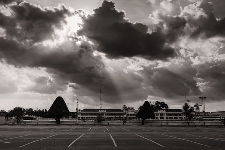 BANGKOK, THAILAND - OCTOBER 22, 2016:  Sun rays through the cloud shines to Royal Thai Navy hall near Chao Phraya river.のeditorial素材