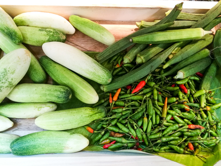 Variety of tropical vegetables, cucumber, chilli in Thai marketの写真素材