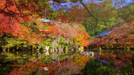 Daigo-ji, a Shingon Buddhist temple, with skyline reflection at fall, Kyoto, Japanのeditorial素材