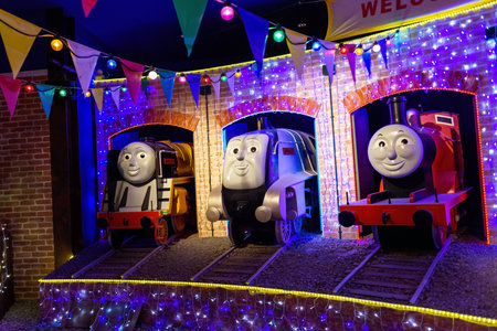 YAMANASHI, JAPAN - MAY 01, 2017: James, Spencer, and Murdock stream engine monuments at Thomas land theme park in Fuji-Q Highland amusement park.のeditorial素材