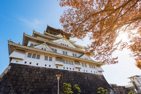 Osaka Castle with autumn foliage colors against sunlight, Japanのeditorial素材