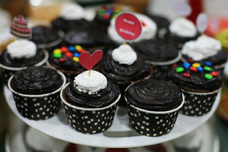 Homemade decorated chocolate cupcake for birthday partyの写真素材