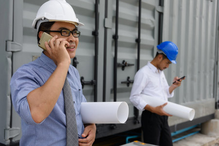 Asian Engineer manager, 40-50 years old man, reporting project improvement via smartphone at...