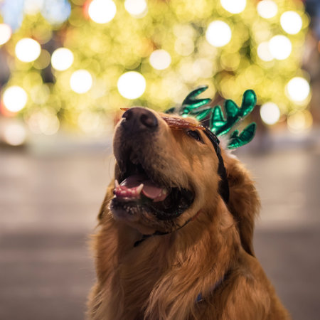 Adorable cute golden retriever canine with green deer antler headband holding beef snack on face during Christmas. 2018 year of dog in Chinese calendar with bokeh background and copy space for text.の写真素材