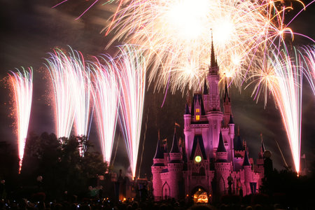 ORLANDO, USA - MARCH 26. 2008: Disney World Castle Fireworks at Magic kingdom theme park in Florida.のeditorial素材