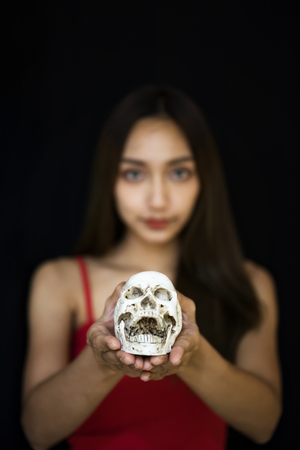 small white skull on Beautiful woman hands with black background and copy space for text. Halloween concept.の写真素材