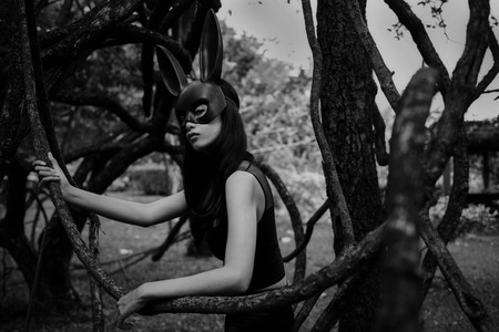 Portrait of beautiful Asian scary woman with fit black dress outfit and rabbit bunny ear mask at old tree in forest with copy space text. Easter and Halloween holiday with black and white color tone.の写真素材