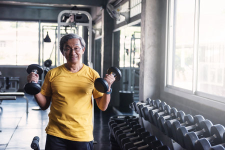 Senior old man working out with heavy weight dumbbells by two hands with exercise machines...