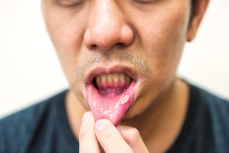 Pained aphtha ulcer of ugly man's mouth from Muay Thai boxing combat with copy space for text. pain...