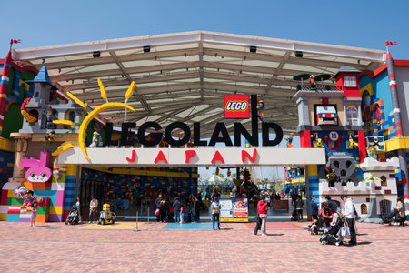 Nagoya, Japan - April 08, 2019: Many visitors at Japan Legoland entrance in sunny day. Famous theme park landmark especially for children age around 1 to 7 years old.のeditorial素材