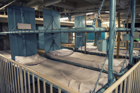 Navy sleep beds of battleship or submarine museum in Nagoya, Japan. Famous tourist attraction in Chubu, Japan.のeditorial素材