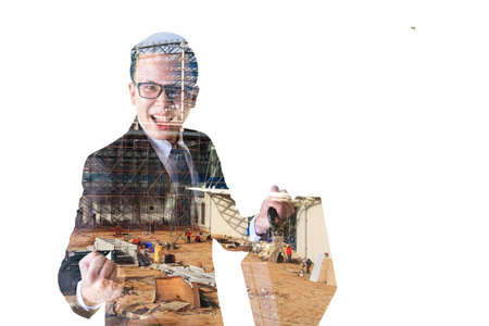 Double exposure of happy Businessman Engineer and construction site in progressisolated on white...