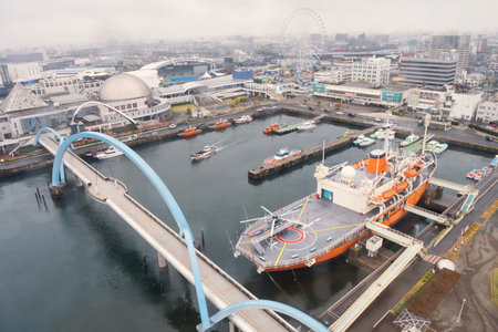 Nagoya, Japan - April 10, 2019: Top view of Nagoya port located in Ise Bay. Here is famous travel destination for aquarium, amusement park, ship museum.のeditorial素材