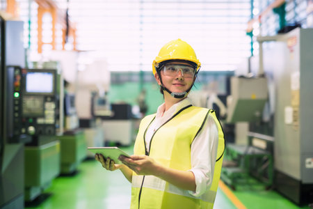 Waist up portrait of female worker wearing hardhat and protection glasses using tablet standing near...