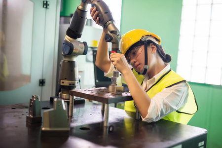 Waist up portrait of female inspector wearing hardhat and protection glasses checking Automation...