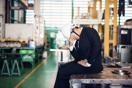 Stressed Factory manager or businessman owner sit on machine with factory background. Depress...
