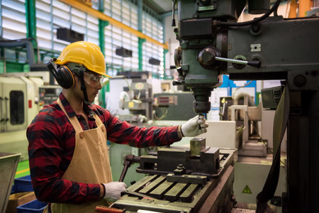 Factory machine specialist worker with helmet and glasses check production hardware for quality...