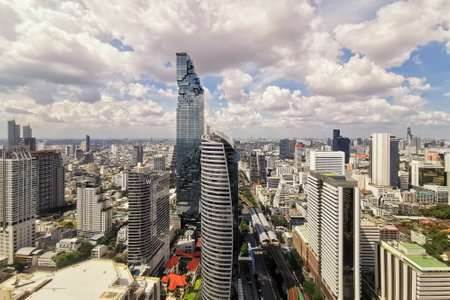 Business urban center and Financial spot with skytrain railway of Bangkok, Thailand. Landmark and Cityscape Skyscraper Buildings around Chong Nonsi skywalk.のeditorial素材