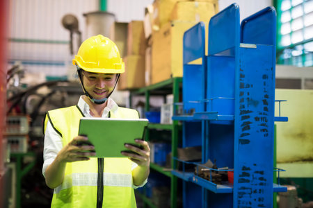 Waist up female worker check production hardware stock in factory warehouse by company application...