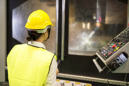 Waist up worker inspector wearing hardhat look at electric cooling water for automatic drilling machine in factory workshop. Manufacturing factory industry and technology.の写真素材