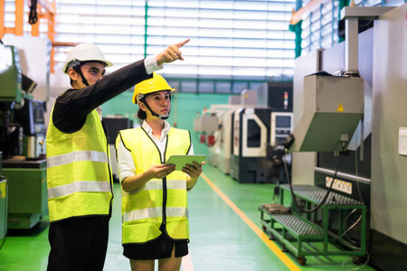 Waist up factory manager point finger to command female worker to use corporate app software in...