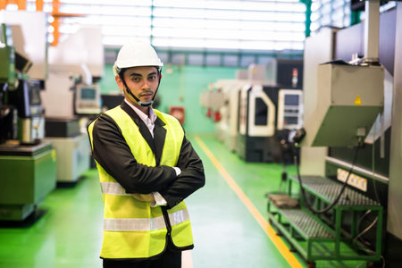 Portrait of Waist up factory manager with formal suit uniform and safety helmet with automated robot...