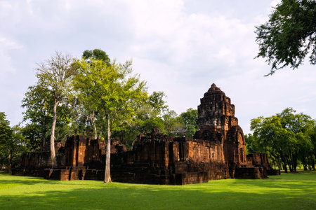 Landscape of ancient stone castle in Prasat Muang Singh Historical Park, Bayon-style architecture,...