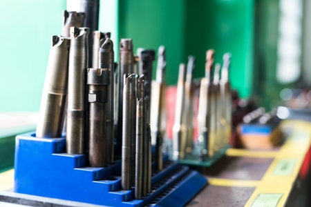 Factory milling cutting tool with carbide insert. Metal processing with carbide drills and cutters. Heavy industry tool in warehouse.の写真素材