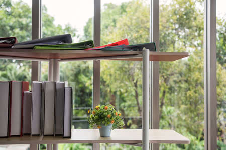 Shelf with files folder, books, and artificial flower on pot by the window with greenery tree bokeh background in office building. Concept of work information in green environment.の写真素材