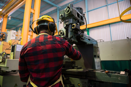 Rear Factory specialist worker with helmet and glassed work on milling machine. Heavy industry with...