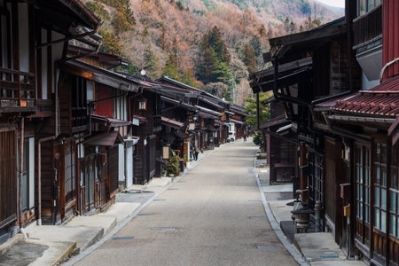 Narai-juku preserved historic post wooden town and old houses near temple, Kiso valley, Shiojiri, Nagaano, Japan. Famous travel destination or landmark in Chubu.のeditorial素材