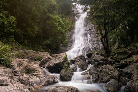 Natural landscape of cascade motion waterfall at Sarika National Park, Nakhon Nayok, Thailand. Nature abstract background and travel destination during rainy season.の写真素材