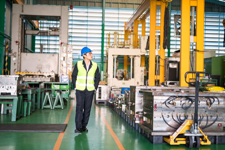 Waist up Asian warehouse manager with hardhat walk along production department to look at machines in manufacturing factory. Industry business concept.の写真素材