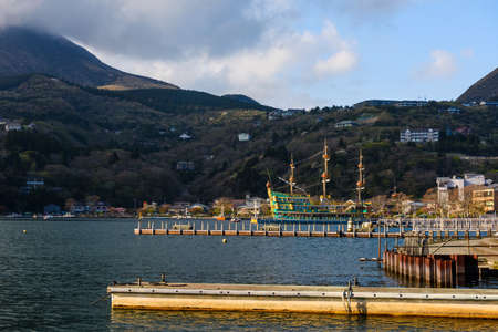 Pirate Tourist ship or boat at cruise port on ashi lake, Hakone, Japan. Famous travel destination to sightseeing and look red torii gate, shrine, and fuji mountain.の写真素材