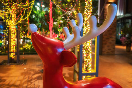 Closeup red reindeer decoration with colorful light in garden at night. Christmas and 2022 new year celebration.の写真素材