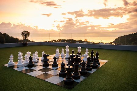 Big chess pieces decoration on roof top or deck with sea view at sunset in Phuket, Thailand.