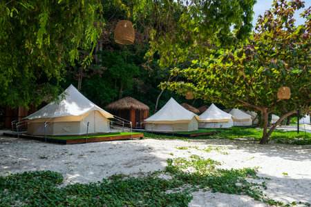 Luxury dome tent on white sand beach at Hey island, Phuket, Thaland. glamping camp for summer holiday maker in tropical country, Siam..の写真素材