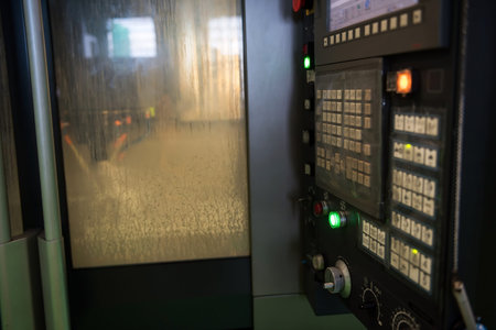 Control panel of industrial CNC equipment with blurred lathe electric cooling water Milling machine...
