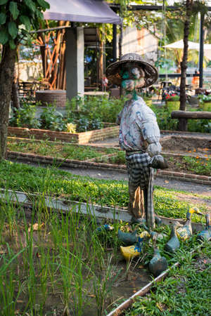 Cute scarecrow in garden with fake ducks in outdoor farmの写真素材