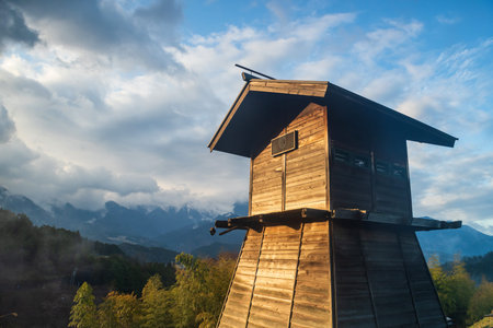 High Wooden tower observation in Magome juku with valley and mountain background at sunrise, Kiso...