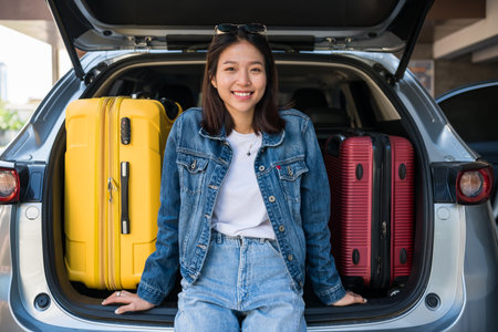 Smiling Asian young girl sit on suv car trunk with suitcases or luggages. She ready to go road trip with her friends.の写真素材