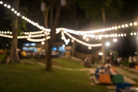 Blur image of outdoor park restaurant with light up decoration on trees at night.