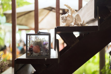 Sea shell decoration on wooden stair at outdoor restaurant with blur people and green gardenの写真素材