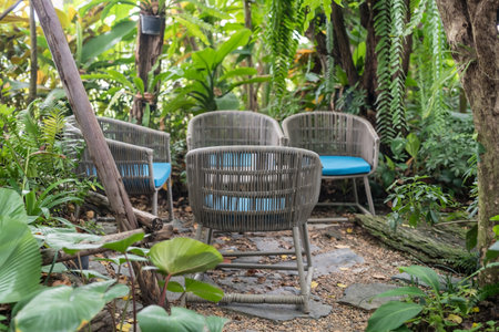 Gray chairs and table at spring garden of tropical cafe and restaurant.の写真素材