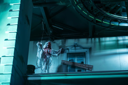 Bride ghost in freaky haunted house. Scary doll floating in spirit horror home. Halloween concept